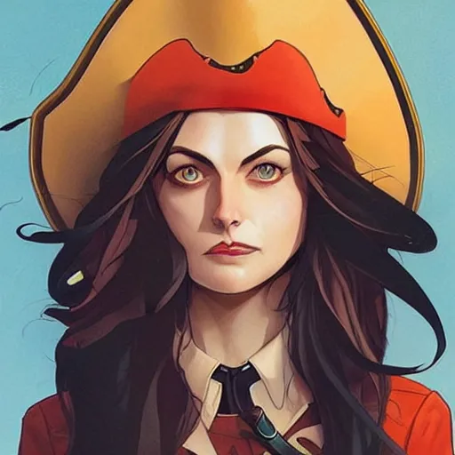 Prompt: Joshua Middleton comic art, pretty female Phoebe Tonkin, pirate, black eye patch covering left eye, evil smile, pirate clothing, long wavy black hair, full body:: sunny weather::