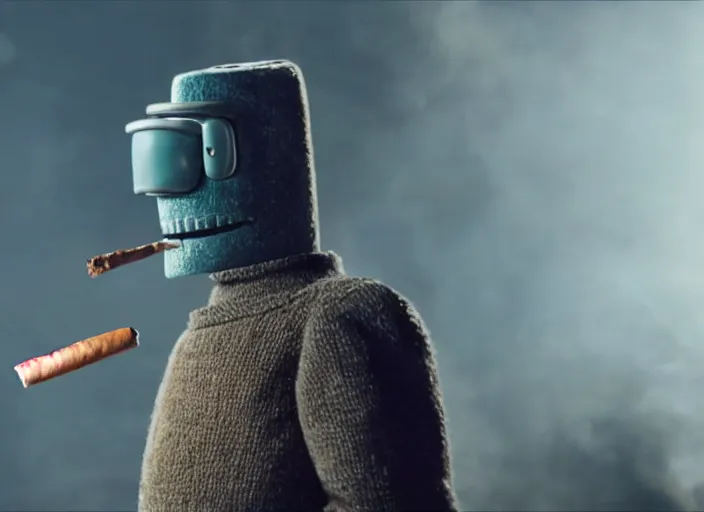 Prompt: film still of bender with a cigar in his mouth in the new scifi movie, 4 k