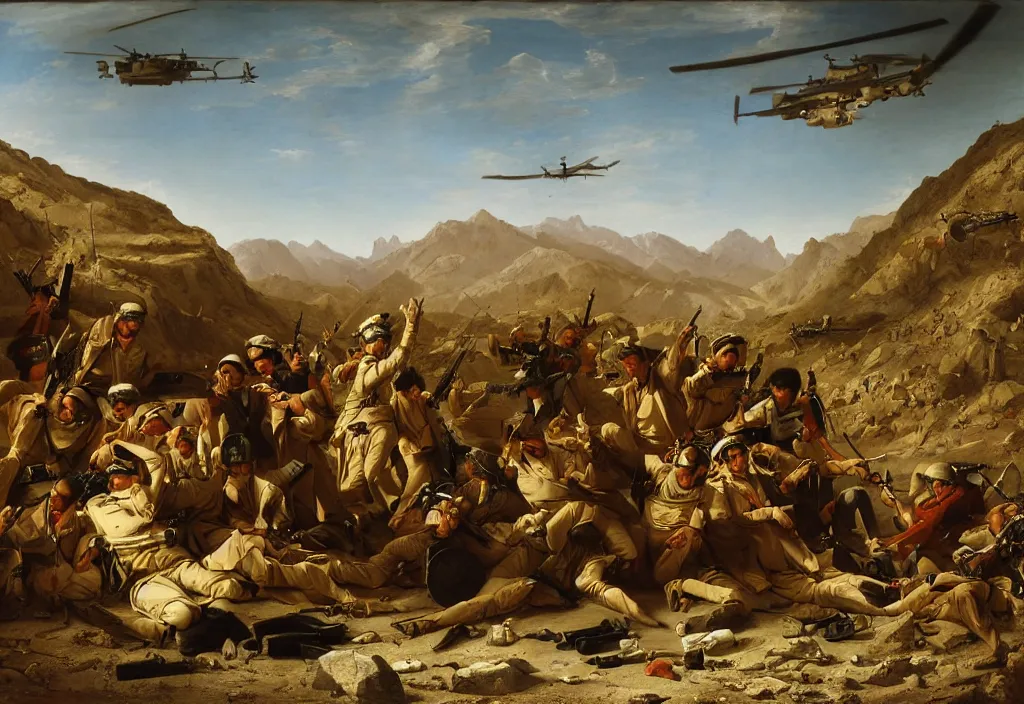 Image similar to afghanistan war by jacques - louis david, desert, us army, battlefield, helicopters firing, bombs