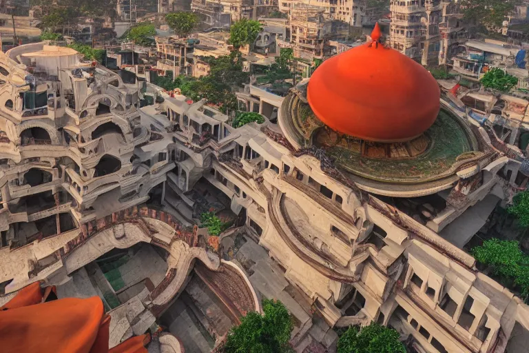 Image similar to high quality dreamscape! biomorphic new delhi, hanuman!! head building, kalighat, octane highly detailed cinematic, stephen shore & john j. park, soft morning light, wide shot, high angle, uhd 8 k, deep focus