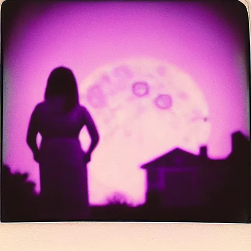 Image similar to a woman in the background a house on fire and she is smiling and the moon is purple, polaroid photo, perfect photo, photo pinterest