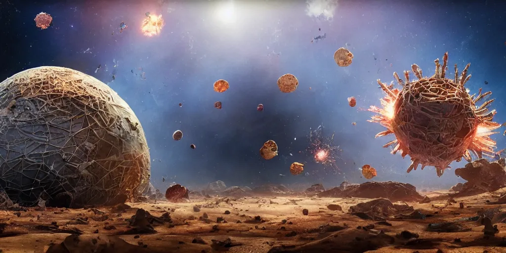 Prompt: shot from a distance of 2 5 0 million miles. a highly accurate depiction of earth slowly broken open, exploding, and pieces are floating apart. the earth is being attacked by an unbelievably huge sentient space florida crab descendants. dramatic lighting, highly coherent, highly detailed, epic, digital art, valerian, silent running, fifth element, octane 3 d render.