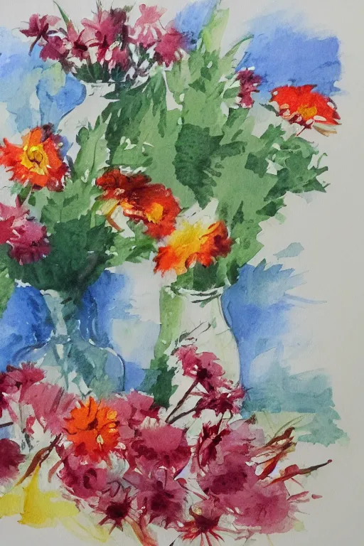 Prompt: flowers and vass, water color, still life