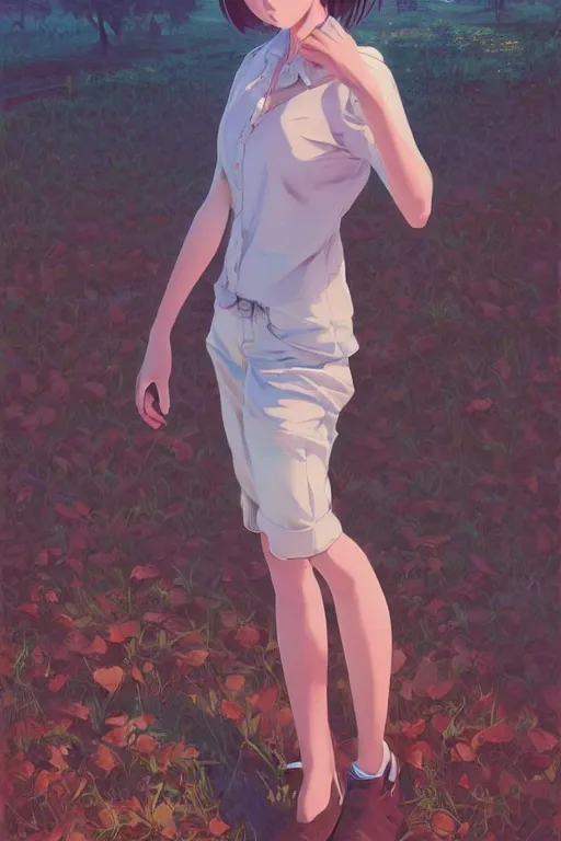 Prompt: a farmer girl, full body shot, intriguing outfit, fine - face, realistic shaded perfect body, fine details. night setting. very anime style. realistic shaded lighting poster by ilya kuvshinov katsuhiro, magali villeneuve, artgerm, jeremy lipkin and michael garmash, rob rey and kentaro miura style, trending on art station