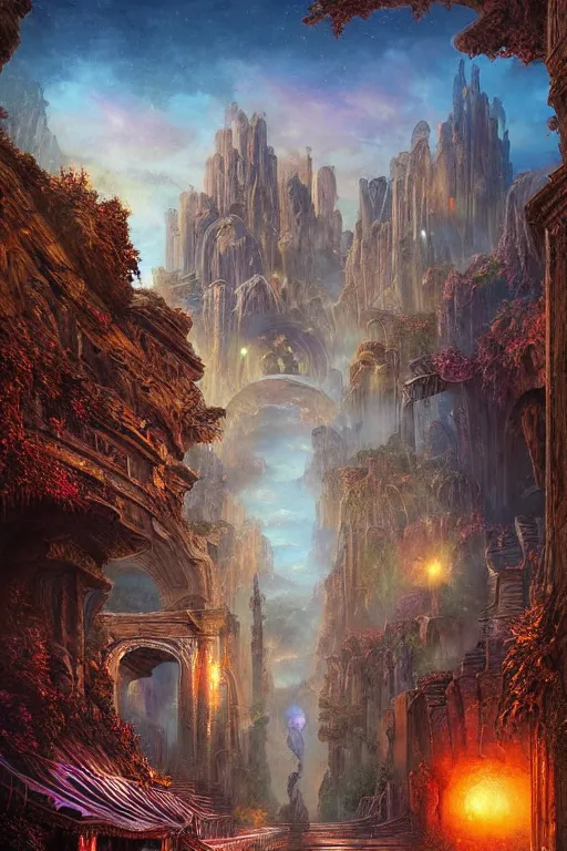 Image similar to beautiful matte painting street art fantasy ruins skyline background painted, intricate, volumetric lighting, beautiful, rich deep colors masterpiece, sharp focus, ultra detailed by alex grey