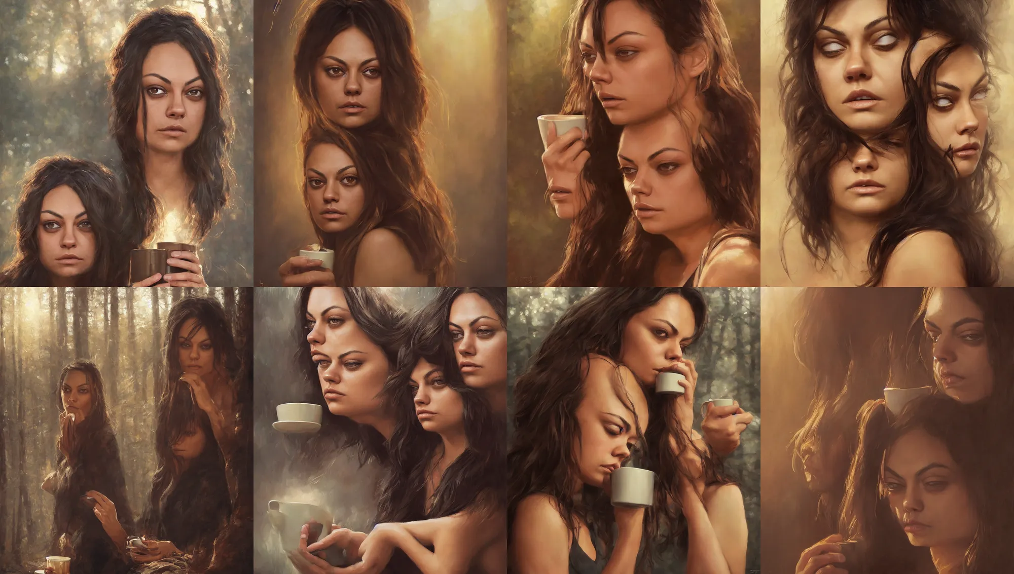 Image similar to close portrait of sleepy mila kunis waking up with coffee, dramatic light, morning golden hour, forest cabin background, 2 0 0 mm focal length, 1 9 7 0 s, painted by stanley lau, painted by greg rutkowski, painted by stanley artgerm, digital art, trending on artstation