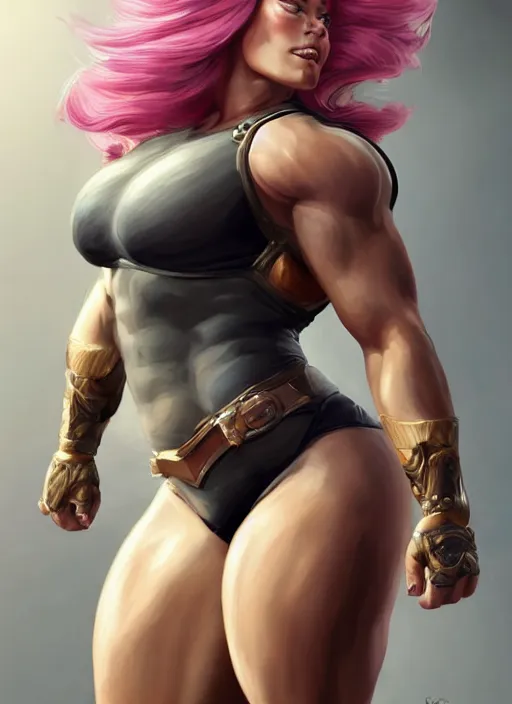 Image similar to detailed portrait of margot robbie as a thick female bodybuilder zarya from overwatch, attractive, beautiful, fantasy, intricate, elegant, highly detailed, digital painting, artstation, concept art, matte, sharp focus, illustration, art by aenaluck, artgerm and roberto ferri and greg rutkowski, epic fantasy, digital painting