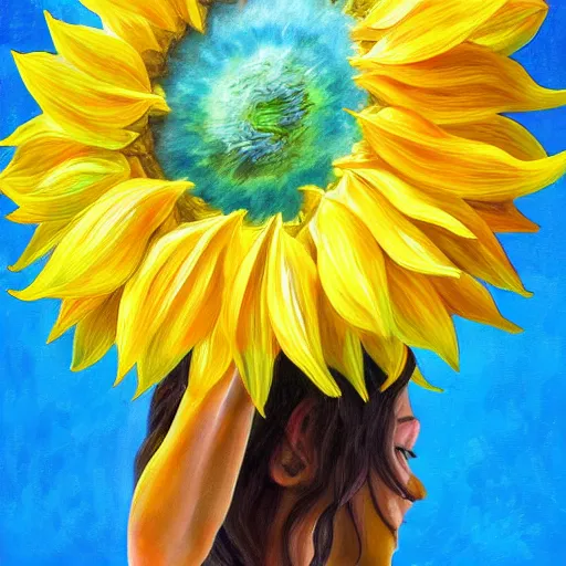 Prompt: closeup, giant sunflower head, woman standing in a luxury apartment, surreal, dramatic light, impressionist painting, digital painting, artstation, georgia o'keeffe