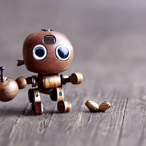 Image similar to an absolutely adorable tiny wooden robot has fallen in love with an acorn, octane, tilt shift, hearts, googly eyes, twee