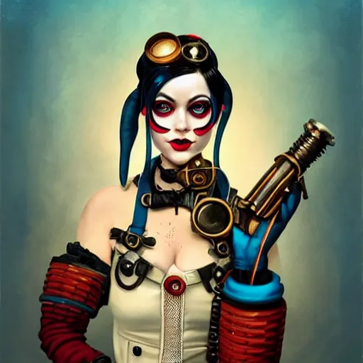 Image similar to lofi bioshock steampunk portrait of harley quinn cosplay, Pixar style, by Tristan Eaton Stanley Artgerm and Tom Bagshaw.