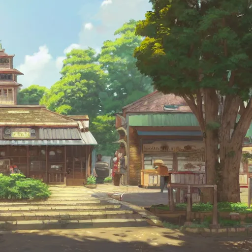 Image similar to concept art painting of a historic bakery with european and japanese architecture, in a woodland village surrounded by trees, realistic, detailed, cel shaded, in the style of makoto shinkai and greg rutkowski and james gurney