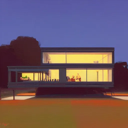 Prompt: farnsworth house painting by atey ghailan, blue hour, cinematic, masterpiece