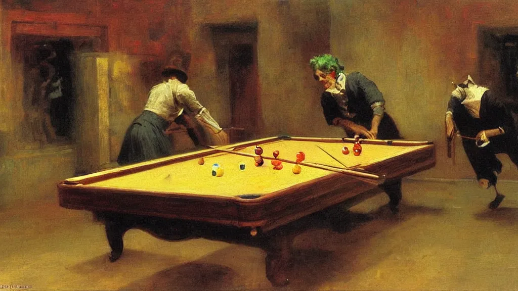 Prompt: high quality high detail painting by ilya repin, the joker playing pool hd