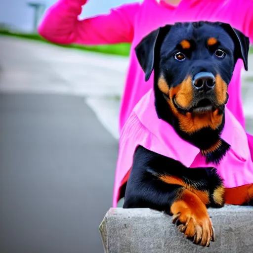 Prompt: rottweiler wearing a pink shirt