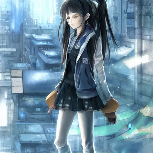 Image similar to dynamic composition, motion, ultra-detailed, incredibly detailed, a lot of details, amazing fine details and brush strokes, colorful and grayish palette, smooth, HD semirealistic anime CG concept art digital painting, watercolor oil painting of Clean and detailed post-cyberpunk sci-fi close-up schoolgirl in asian city in style of cytus and deemo, blue flame, relaxing, calm and mysterious vibes,, by a Chinese artist at ArtStation, by Huang Guangjian, Fenghua Zhong, Ruan Jia, Xin Jin and Wei Chang. Realistic artwork of a Chinese videogame, gradients, gentle an harmonic grayish colors. set in half-life 2, Matrix, GITS, Blade Runner, Neotokyo Source, Syndicate(2012), dynamic composition, beautiful with eerie vibes, very inspirational, very stylish, with gradients, surrealistic, dystopia, postapocalyptic vibes, depth of field, mist, rich cinematic atmosphere, perfect digital art, mystical journey in strange world