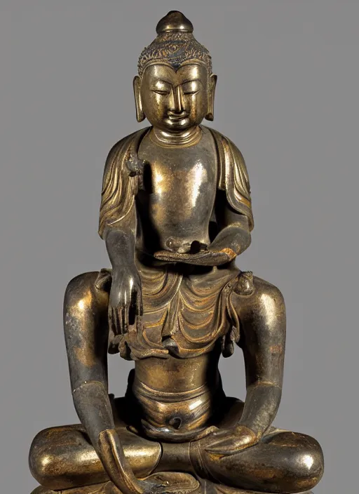 Image similar to photo of a magnificent gilt-bronze seated figure of bodhisattva, anthropomorphized asian black bear, Early Ming dynasty, late 14th-15th century, studio lighting