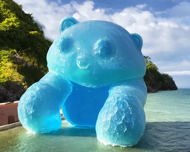 Image similar to a giant sculpture of a giant gummy bear on the ocean water, award winning, hyper - realistic, very detailed, realistic water, water splashes, ray tracing, 8 k resolution, long - shot, sharp focus, low angle, 8 5 mm photograph, wide lens