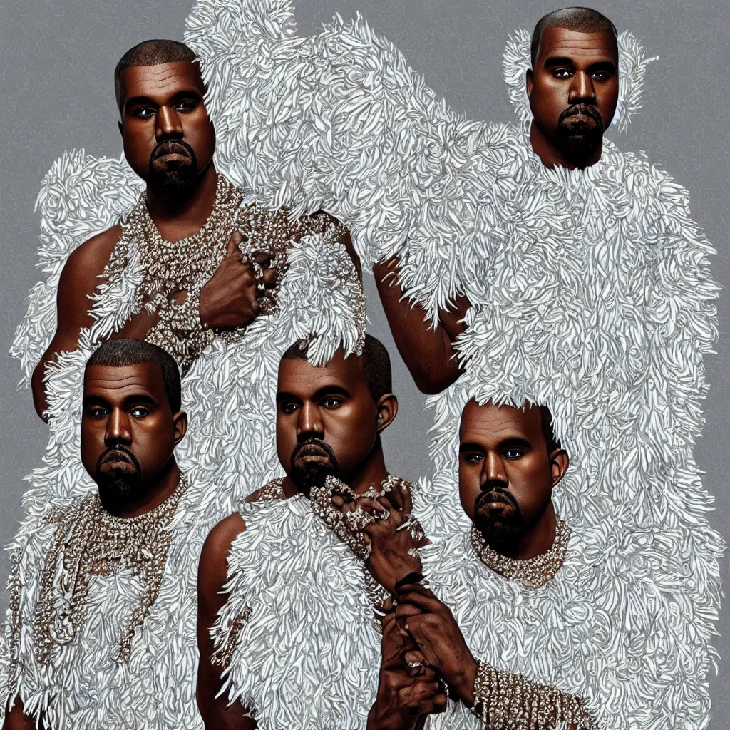 Prompt: kanye west _ with _ a _ decorated _ dress _ made _ of _ white _ pearls _ and _ white _ plumes _ of _ swan _ highly _ detailed _ digital _ painting