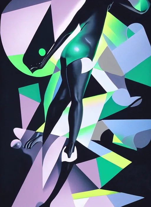 Image similar to futuristic lasers tracing, colorsmoke, fullbodysuit, pyramid hoodvisor, raindrops, wet, oiled, beautiful cyborg girl pinup, by steven meisel, kaws, rolf armstrong, cubist perfect geometry abstract acrylic, hyperrealism photorealistic airbrush collage painting, monochrome, neon fluorescent colors, minimalist rule of thirds, eighties eros