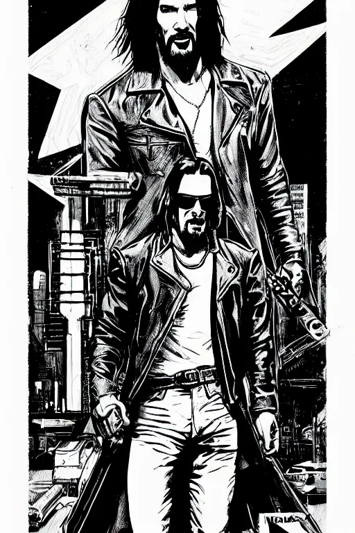 Image similar to keanu reeves, a page from cyberpunk 2 0 2 0, style of paolo parente, style of mike jackson, adam smasher, johnny silverhand, 1 9 9 0 s comic book style, white background, ink drawing, black and white, mid - shot