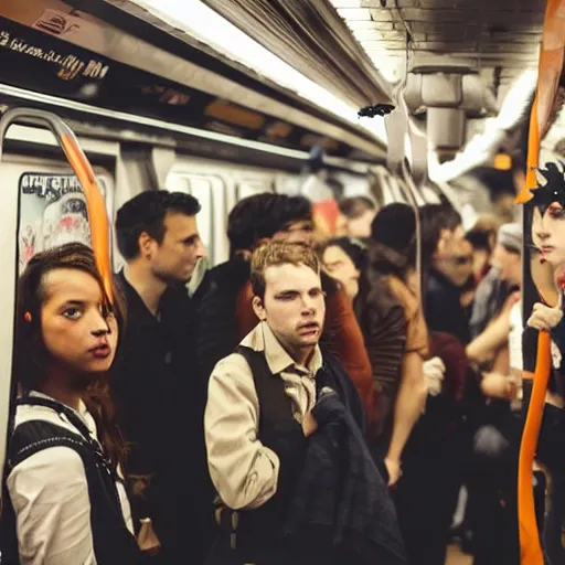 Image similar to Master shot of a group of friends talking while standing inside a crowded compartment of the New York metro full of people in Halloween costumes, scary costumes, cinematic, 4k, thriller