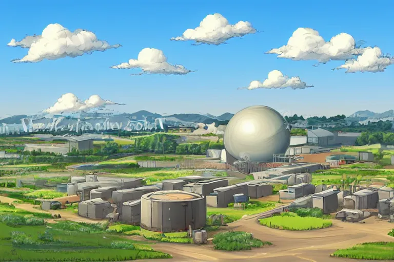 Prompt: a big factory with a spherical architecture designed by boeing military on a hill in a beautiful landscape of the french countryside during spring season, painting by toei animation backgrounds hd and city hunter anime backgrounds hd and a few vector illustration touch, nice lighting, soft and clear shadows, low contrast, perfect
