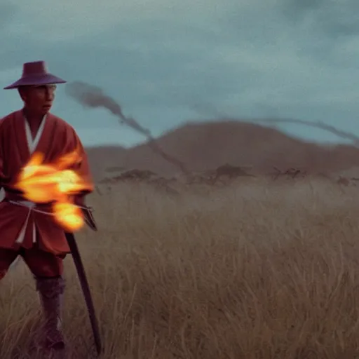 Image similar to cinematic film still Pharrell Williams starring as a Samurai holding fire, Japanese CGI, VFX, 2003, 40mm lens, shallow depth of field,film photography