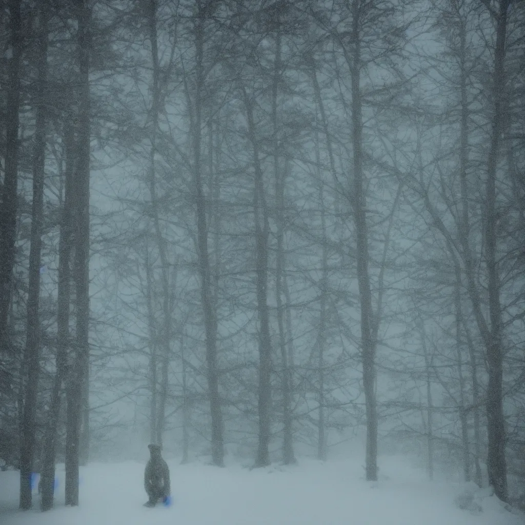 Image similar to photo, bigfoot is hiding in the background. cold color temperature, snow storm. hazy atmosphere. humidity haze. kodak ektachrome, greenish expired film, award winning, low contrast