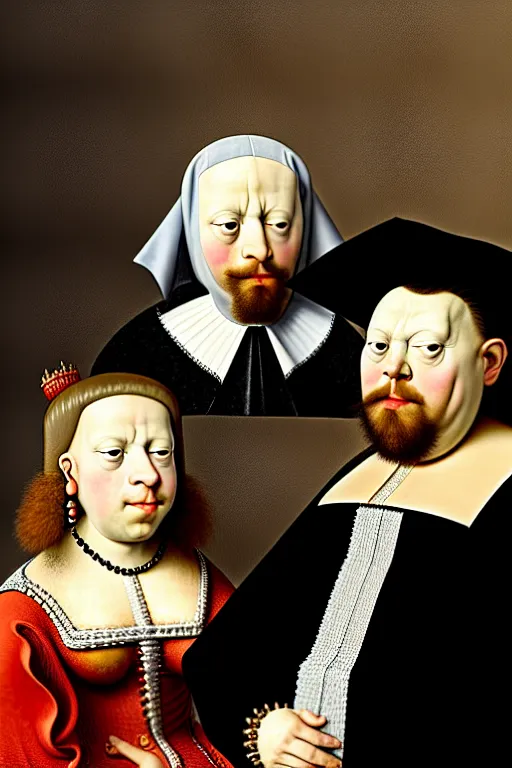 Prompt: high quality celebrity portrait of the group rtj in a crown and sunglasses painted by the old dutch masters, rembrandt, hieronymous bosch, frans hals, symmetrical detail