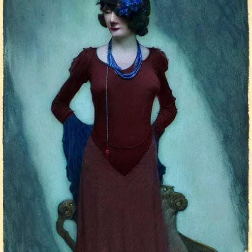 Image similar to a beautiful woman from the 1 9 2 0 s bathed in blue light and standing in a burgundy room looking vacant by arcimboldo, david lynch, greg rutkowski, mucha, dali, francis bacon, trending on artstation