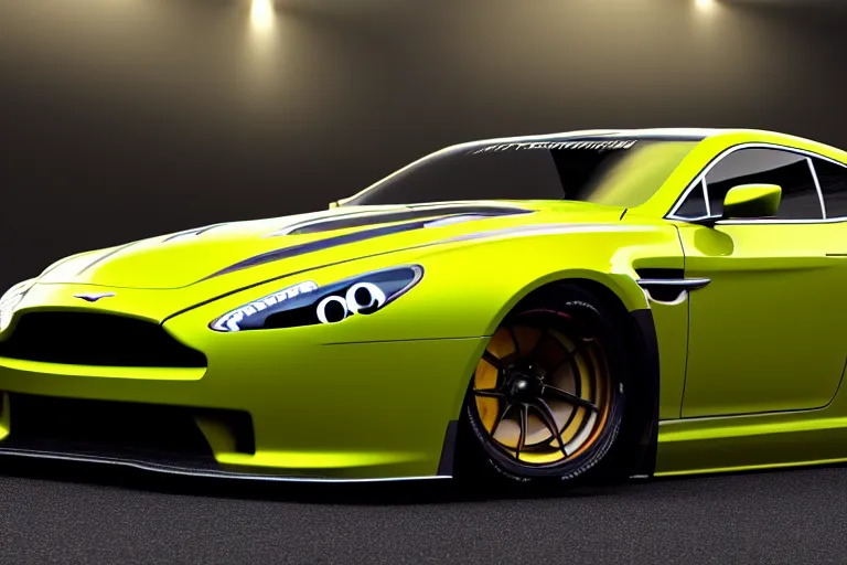 Prompt: a muscle car based on nissan, aston martin and chevy sports car body styles, with black and yellow paint, nissan sports cars, chevy sports cars, trending on artstation, unreal engine, studio lighting, hyper realistic, by jotaautomotive, nancorocks and khyzylsaleem