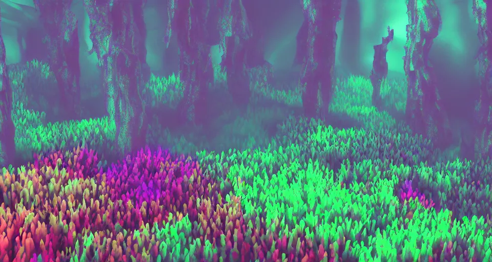 Prompt: 3d Render of colorful deep sea forest, grainy, noisy