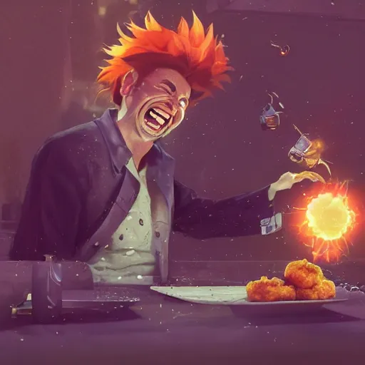 Prompt: a mad scientist in his back yard laughing happily at the chicken nuggets which are falling from the sky , made by Stanley Artgerm Lau, WLOP, Rossdraws, ArtStation, CGSociety, concept art, cgsociety, octane render, trending on artstation, artstationHD, artstationHQ, unreal engine, 4k, 8k,