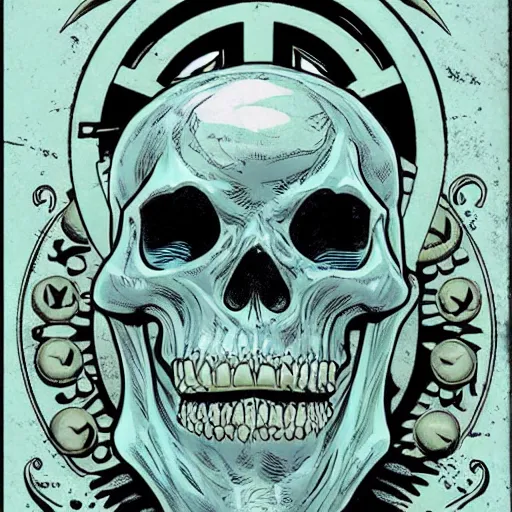 Prompt: Lovecraftian Skull Clock. DC Comics. Multiversity. Grant Morrison.