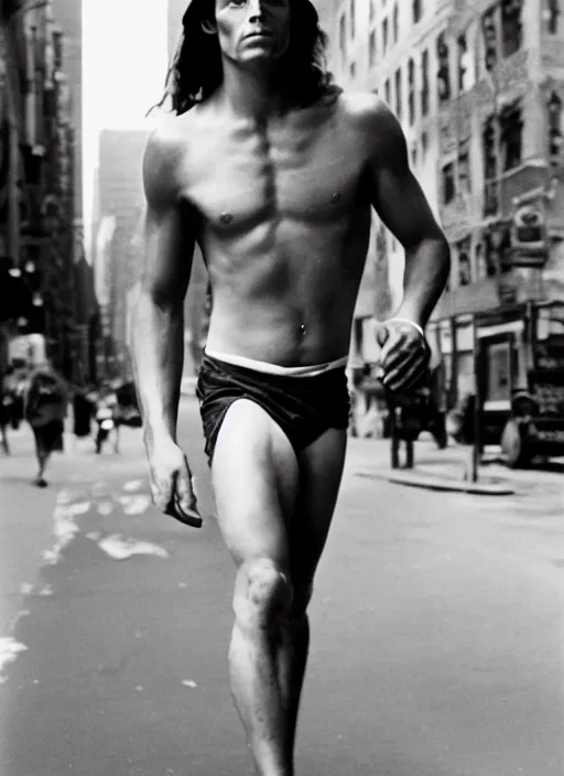 Image similar to film still, portrait of tarzan walk on the street of new york, by charlotte grimm, natural light, detailed face, beautiful features, symmetrical, 8 k, medium - format print, half body shot