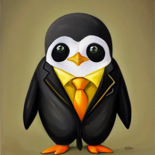 Image similar to oil painting, a developer penguin in a suit, intricate, masterpiece, artstation, stunning