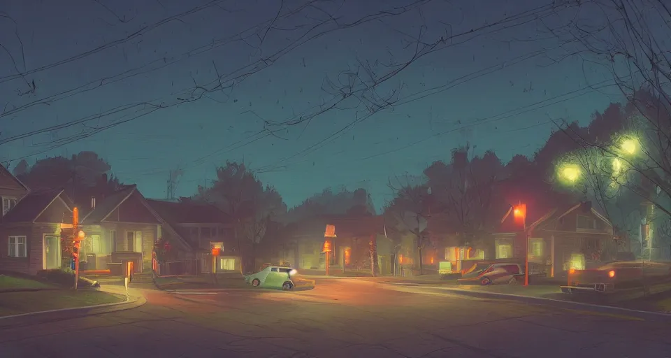 Image similar to a quaint suburban street at night inspired by simon stalenhag