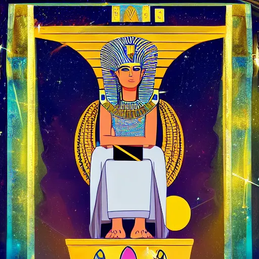 Image similar to handsome egyptian prince sitting on a floating throne, guided by thoth, in outer space, galaxies