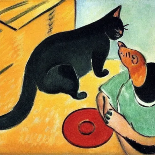 Image similar to An oil painting of a cat spitting on a man, colorful, by Henri Matisse