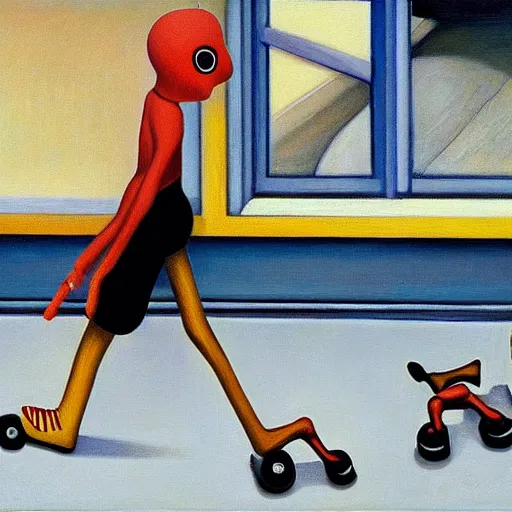 Prompt: spiders on rollerblades, grant wood, pj crook, edward hopper, oil on canvas