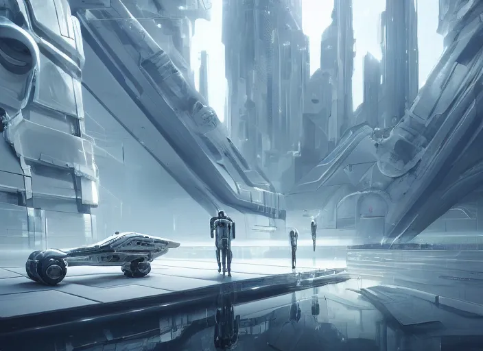 Prompt: cult of technology, exterior, scifi, machines, robots, ultra realistic, transparent labs, metallic surface, highly detailed, white, futuristic landscape, city, utopian architecture, atmosphere, masterpiece, portals, epic lighting, glow, mysterious, 4 k, cinematic, art by patryk olkiewicz and chris ostrowski and liang yao