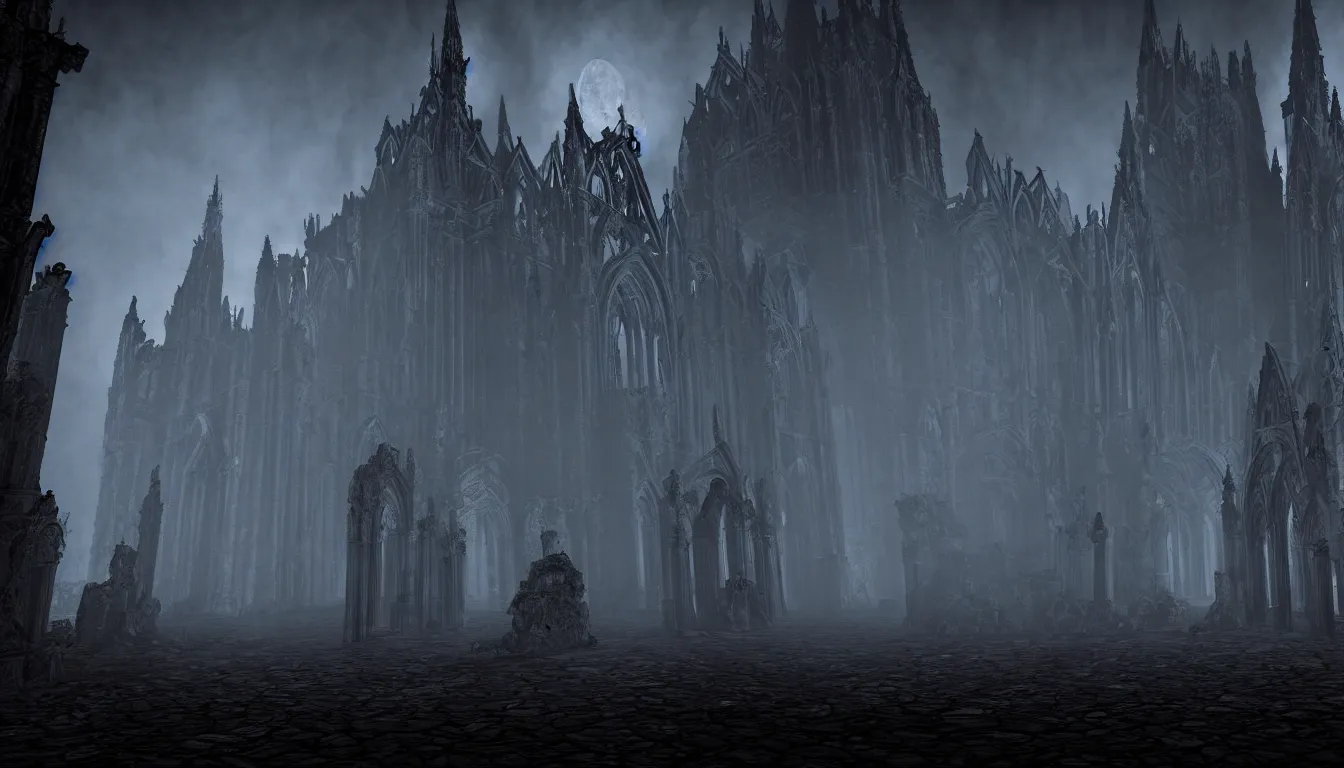 Prompt: dark gothic cathedral realm of darkness, side - scrolling 2 d platformer game level, sinister fog through the pillars, ancient temple ruins, dramatic midnight sun illuminates areas, volumetric light, detailed entangled bodies on walls, bleak decaying color, upscale, 8 k