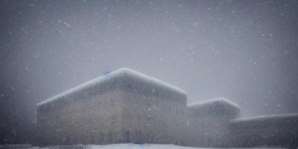 Image similar to snow falling on complex and beautiful brutalist buildings, depth of field, soft focus, clear focus, beautiful, award winning architecture, le corbusier, frank lloyd wright, snow, fog, mist, hopeful, quiet, calm, serene