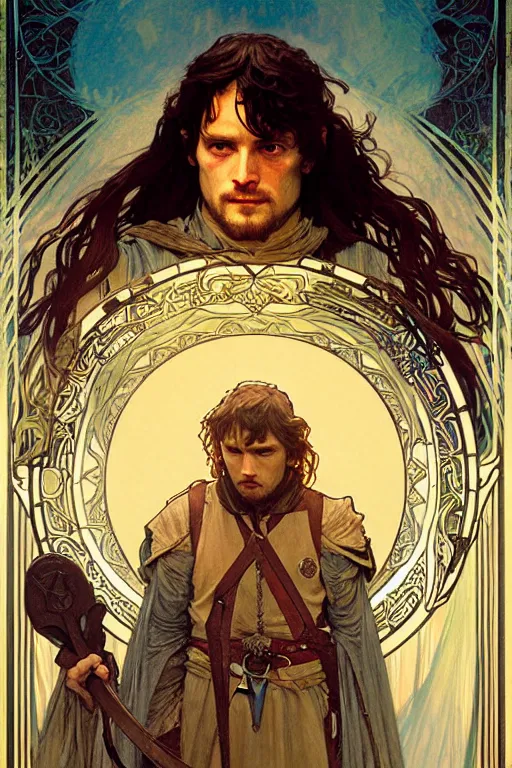 Prompt: The lord of the rings, fantasy, painting by greg rutkowski and alphonse mucha