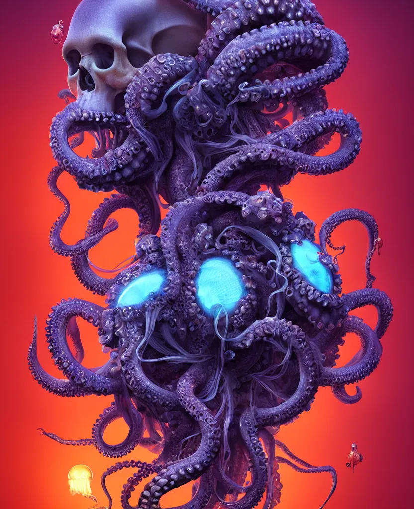 Image similar to goddess close - up portrait human skeleton, ram skull, octopus, jellyfish, orchid, betta fish, bioluminiscent, intricate artwork by tooth wu and wlop and beeple. octane render, trending on artstation, greg rutkowski very coherent symmetrical artwork. cinematic, hyper realism, high detail, octane render, 8 k