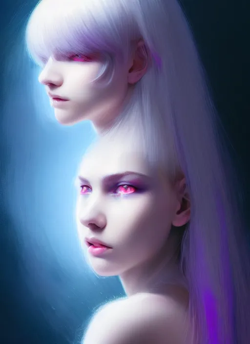 Image similar to hair whitebangs hair, white hair, whitebangsblackhair, portrait of teenage girl with white bangs, red irises, purple clothes, intricate, elegant, glowing lights, highly detailed, digital painting, artstation, concept art, sharp focus, illustration, art by wlop, mars ravelo and greg rutkowski