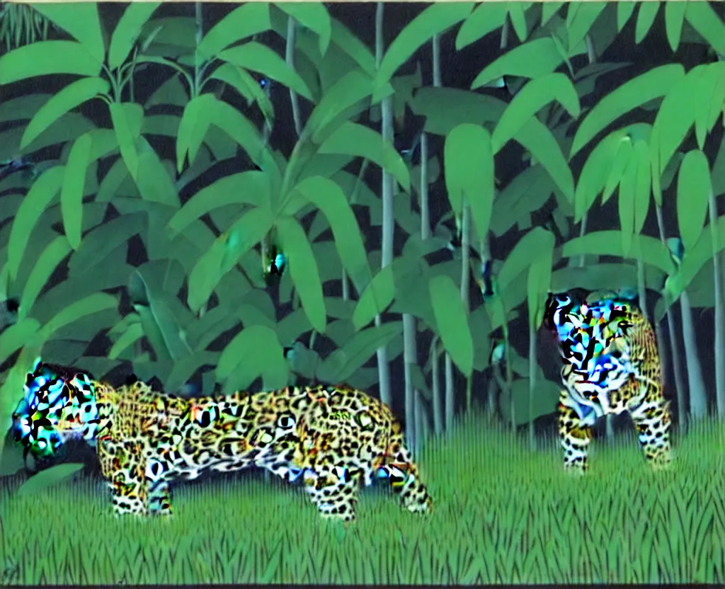 Prompt: a painting of a jaguar in a dark misty jungle. Painted by Hiroshi Nagai. Aesthetics of Hiroshi Nagai