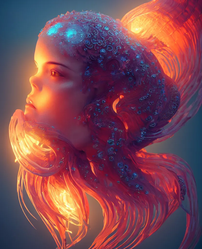 Image similar to goddess close-up portrait. orchid jellyfish phoenix head, nautilus, skull, betta fish, bioluminiscent creatures, intricate artwork by Tooth Wu and wlop and beeple. octane render, trending on artstation, greg rutkowski very coherent symmetrical artwork. cinematic, hyper realism, high detail, octane render, 8k