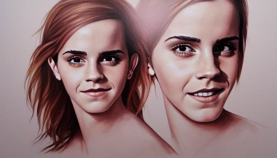 Image similar to emma watson portrait photorealistic painting. soft lighting, smooth gradients. seductive smile. lights and shadows. sultry, anamorphic lens