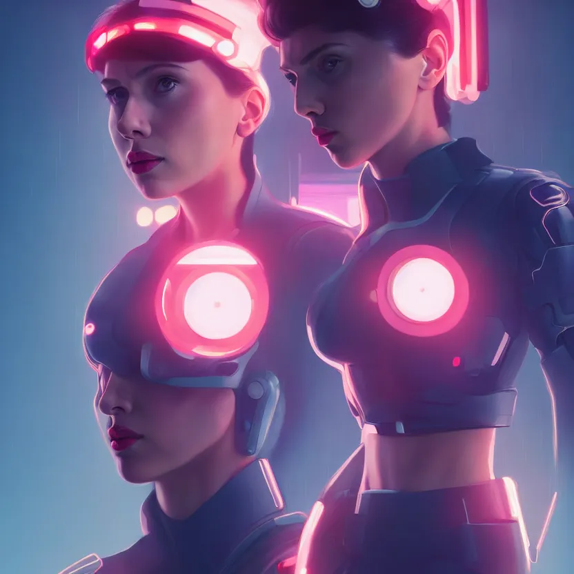 Image similar to 3 / 4 portrait, scarlett johansson as major mira killian from ghost in a shell, night, crop top, beautiful, in a modern city, neon signs, jewelry, artstation, william bouguereau, rossdraws, greg rutkowski, super detailed, realistic, octane render, volumetric, cinematic, 8 k